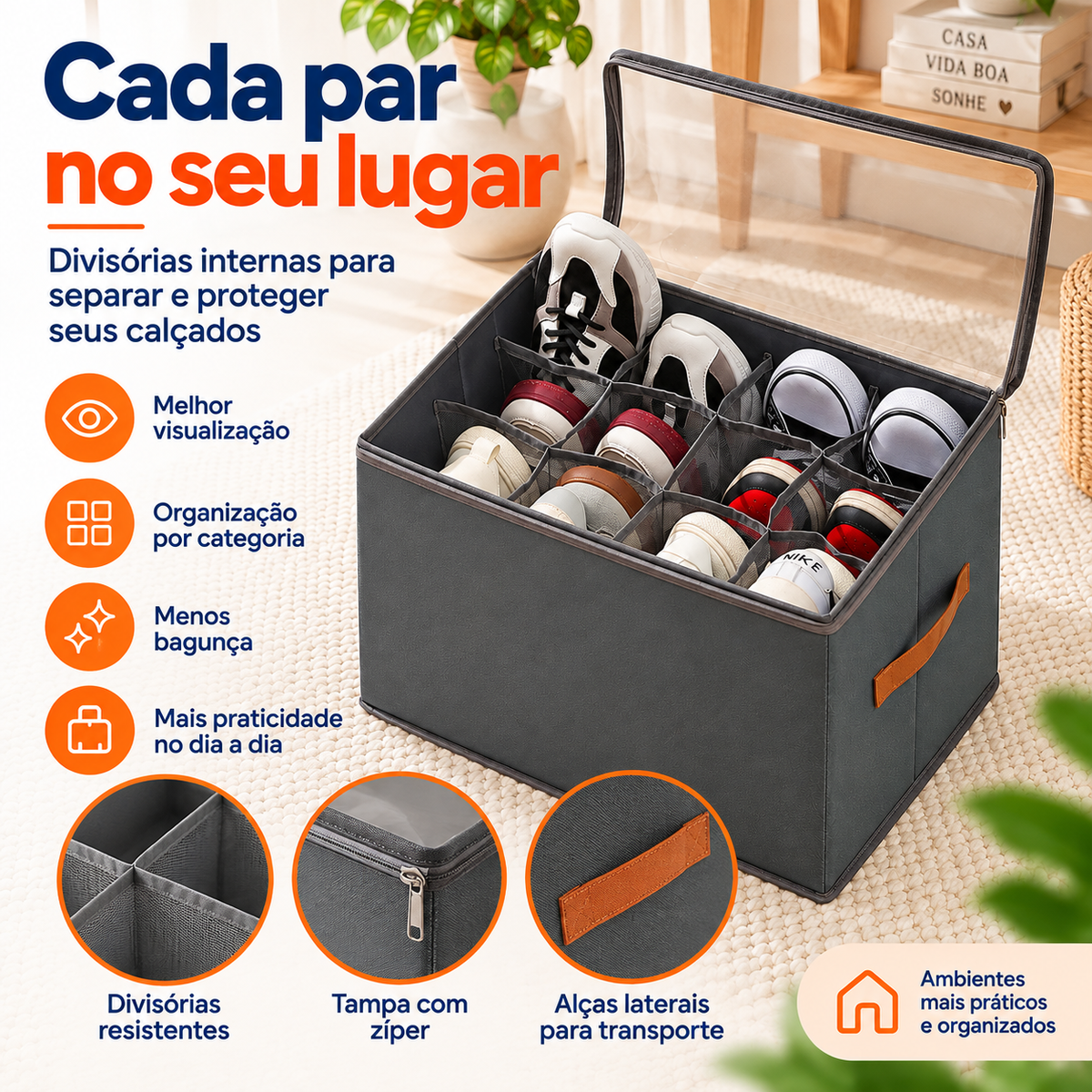 Compartimentos internos da Sapateira Organizadora Dobrável