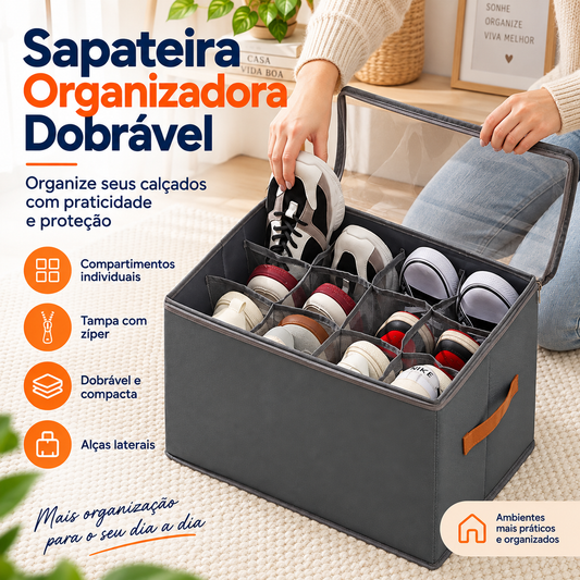 Sapateira Organizadora Dobrável com compartimentos e tampa com zíper