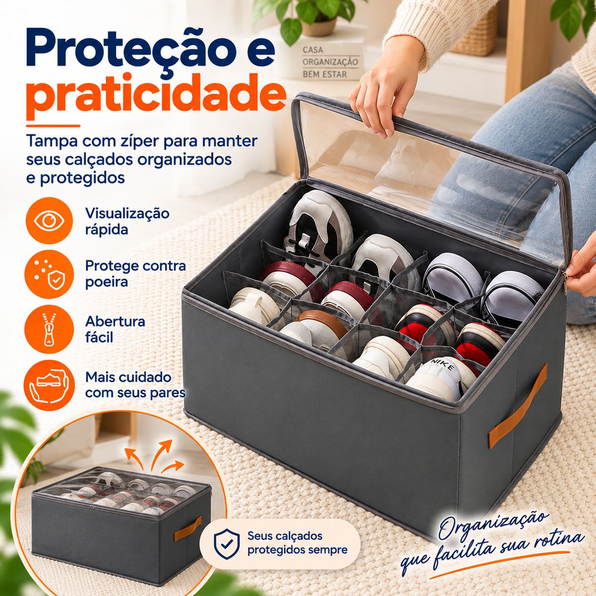 Tampa com zíper e proteção da Sapateira Organizadora Dobrável