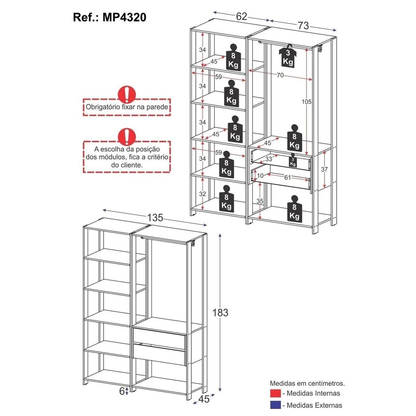 Guarda-Roupas Modular Elissa 135cm – 2 Gavetas + Cabideiro