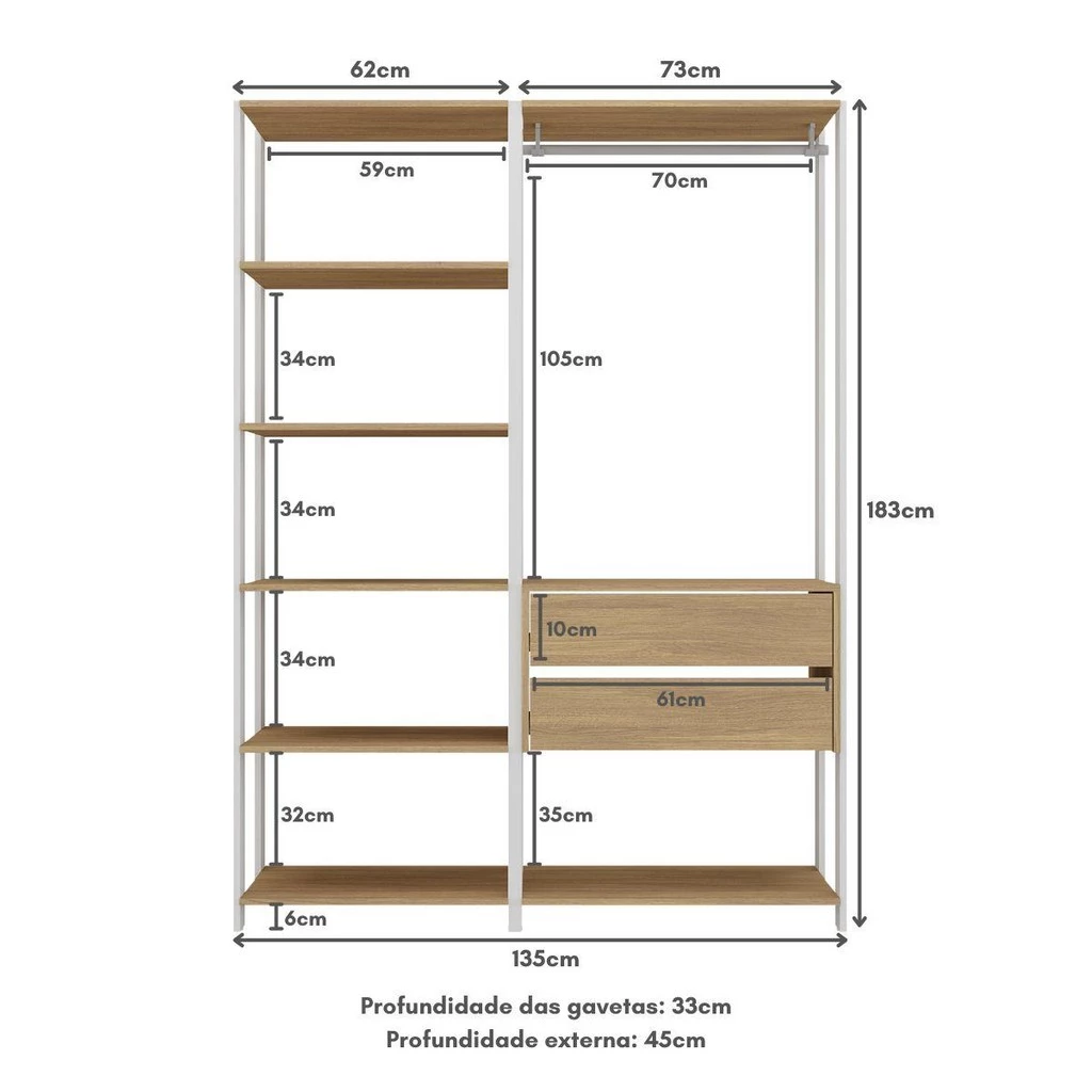 Guarda-Roupas Modular Elissa 135cm – 2 Gavetas + Cabideiro